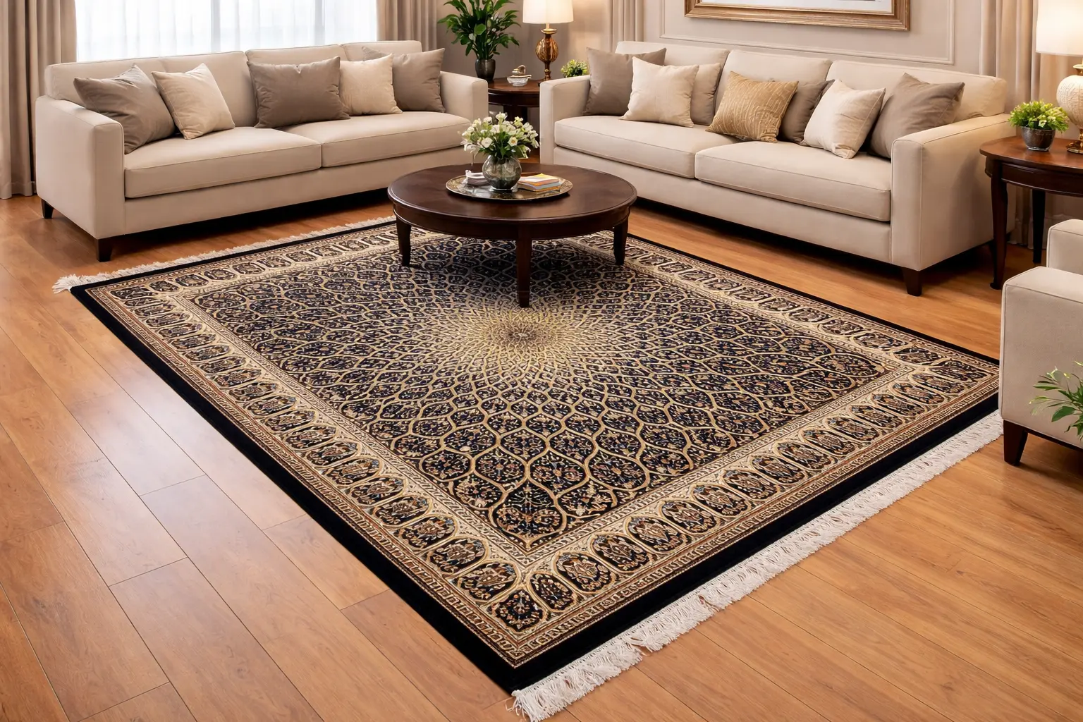 A perfectly sized wool hand knotted rug under a living room sofa