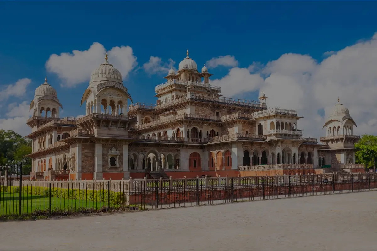 Albert Hall Museum Jaipur Indo-Saracenic architecture exterior at night illuminated — Central Museum Rajasthan art collection