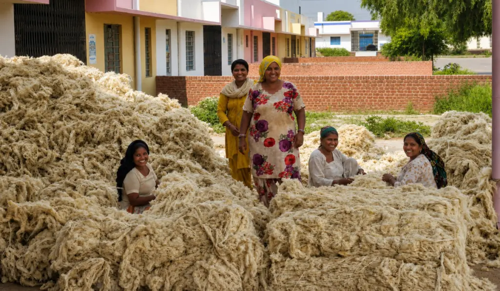 Raw Rajasthani wool being sorted by hand at Bikaner